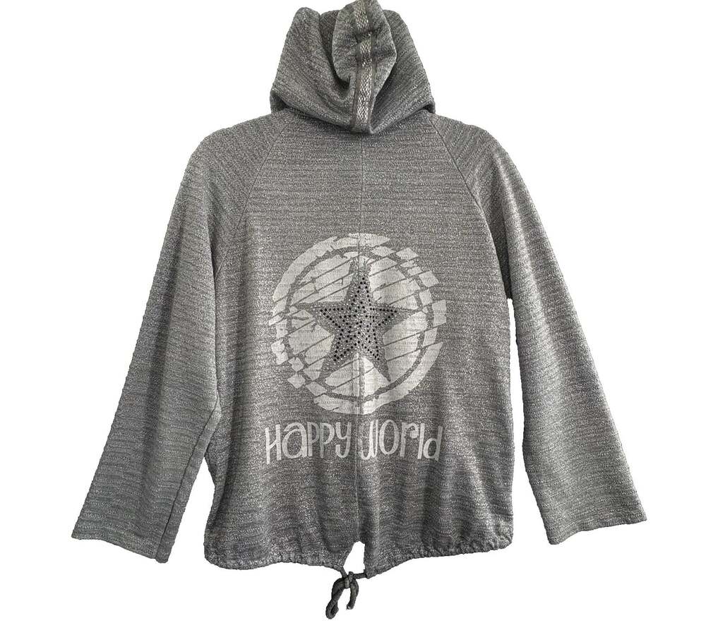 MADE IN ITALY Women Metallic Happy World Hoodie Full Zip Sz M Gray Streetwear